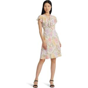 Lauren Ralph Lauren Floral Bubble Crepe Tie-Neck Dress Womens 12 Flutter Sleeve